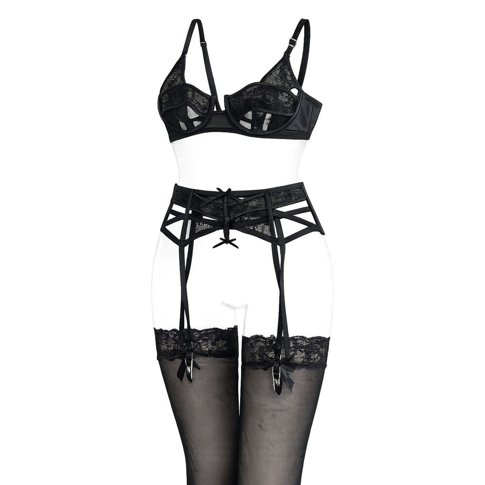 Love & Lemons Black Lace Lingerie Set Garter Belt Stockings Women’s Small